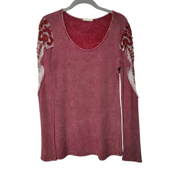 BKE Gimmick Y2K Red Sheer Mesh Lace Sleeve Long Sleeve Shirt Scoop Neck - Picture 1 of 5